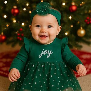 NWT Little Me 9 Mths Baby Girls 2pc "Joy" Bodysuit Green Glittered Ruffled Tulle